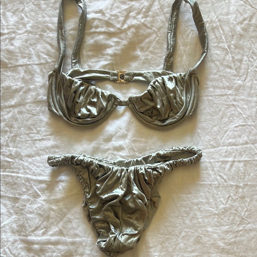 Isa Boulder Ruched Bikini Satin Grey Medium